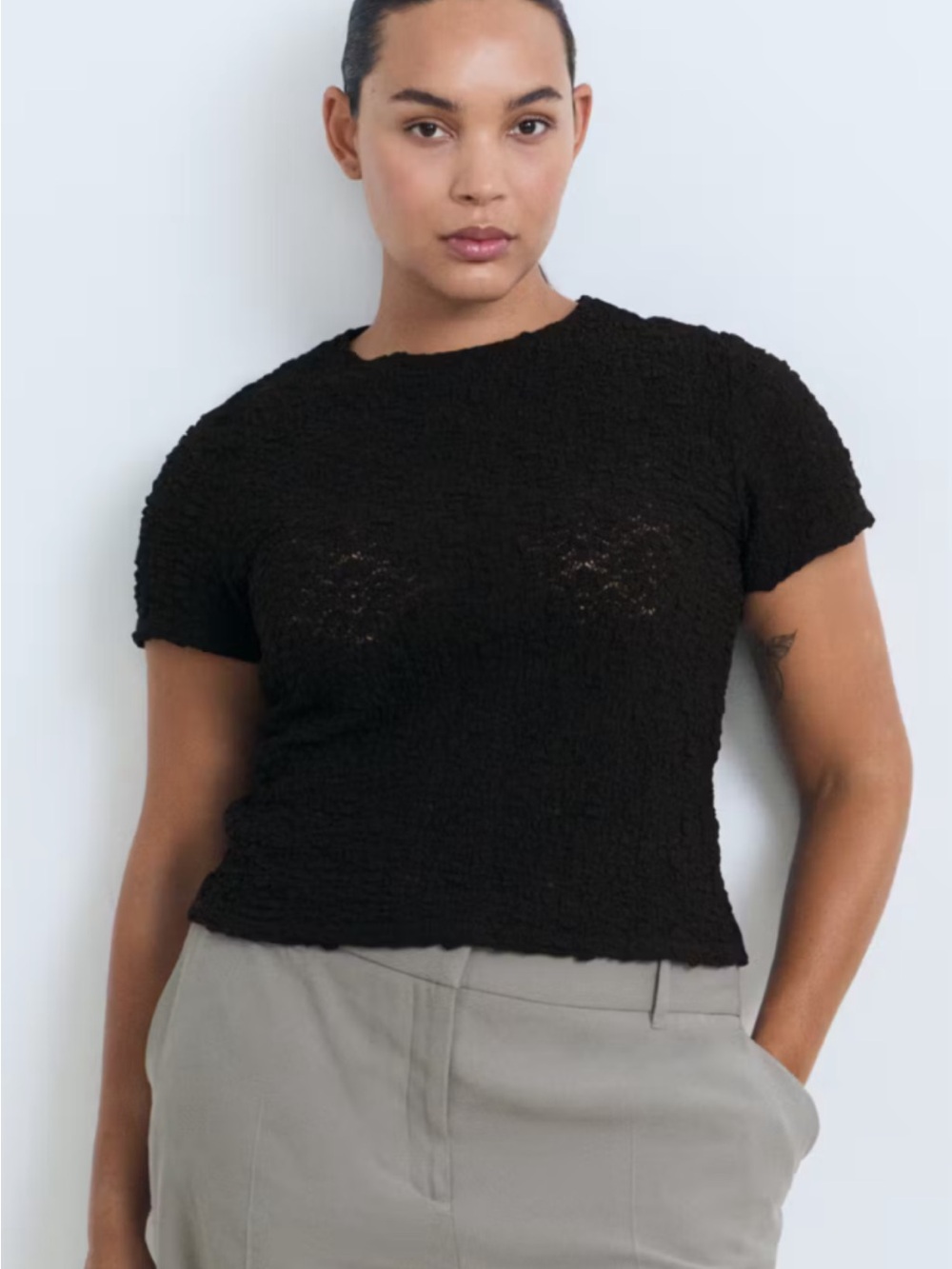 Mango Black Textured Short-Sleeve Tee